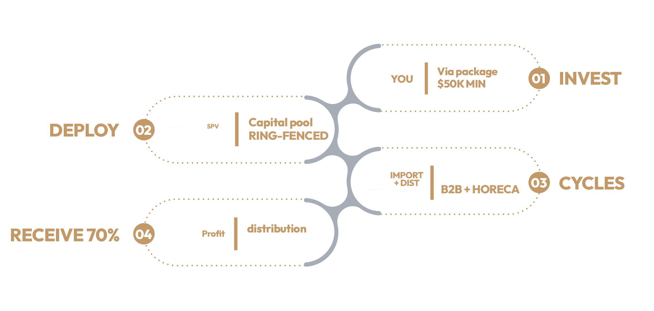 How BricketX deploys commodities capital: 01 Invest via package ($50K min), 02 Deploy into ring-fenced SPV Mintrix Trading capital pool, 03 Cycles run import and distribution Brazil to UAE on 60-day cycles via B2B and HORECA, 04 Receive 70% distribution-margin profit