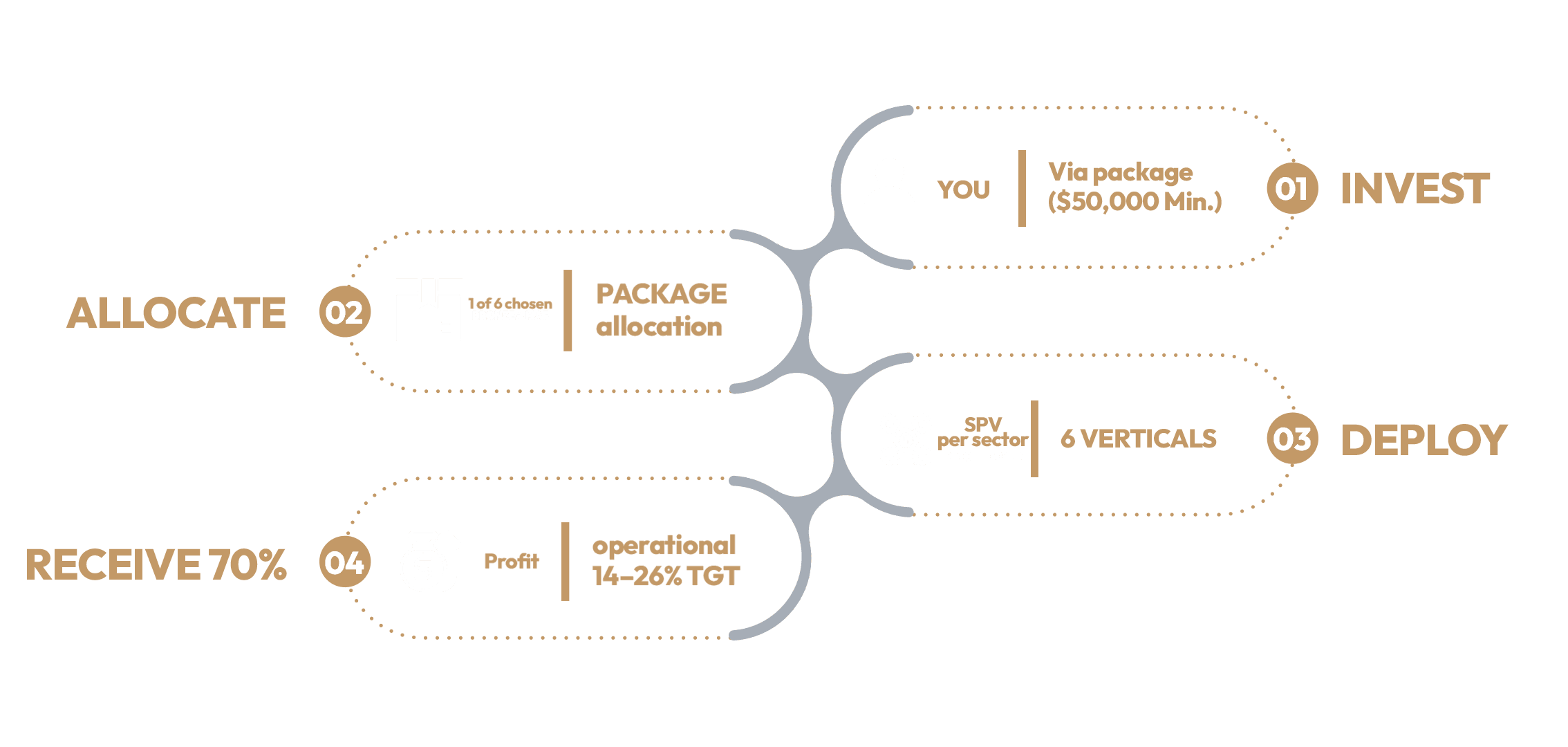 Capital flow: invest via package → allocate → deploy across 6 verticals → 70% profit flows back to you