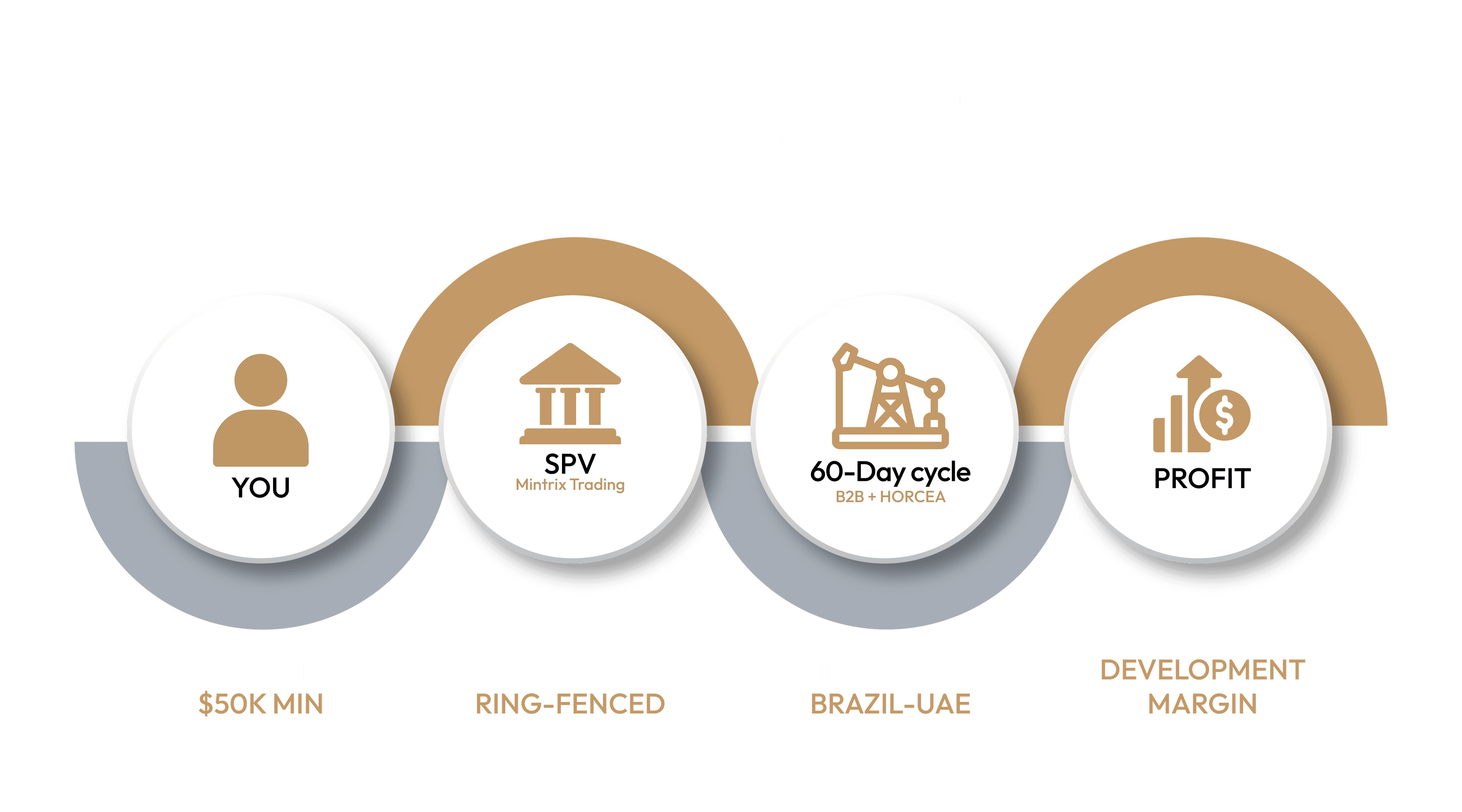 How BricketX deploys commodities capital: 01 Invest via package ($50K min), 02 Deploy into ring-fenced SPV Mintrix Trading capital pool, 03 Cycles run import and distribution Brazil to UAE on 60-day cycles via B2B and HORECA, 04 Receive 70% distribution-margin profit