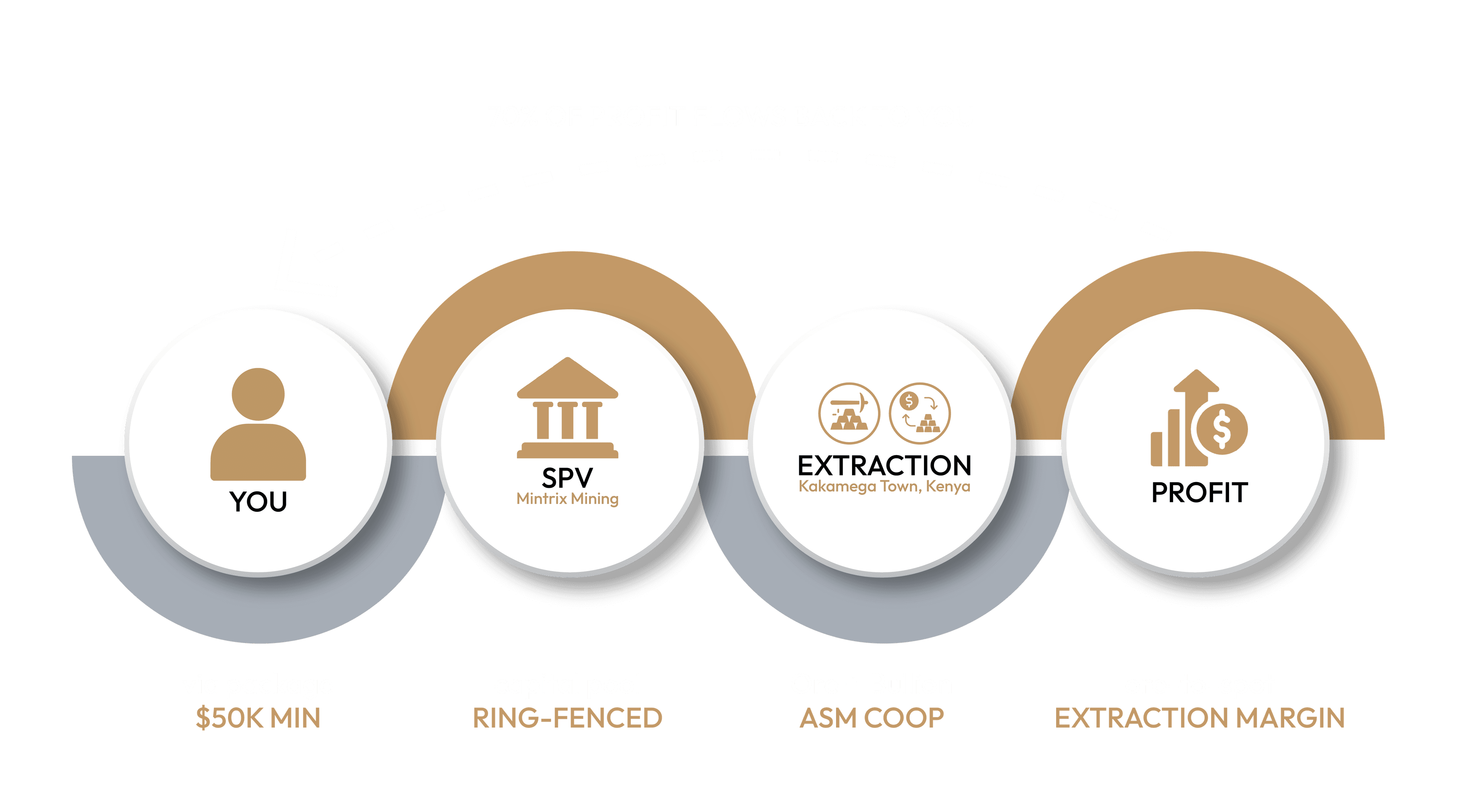 Capital flow: invest via package → allocate → deploy across verticals → 70% profit flows back to you