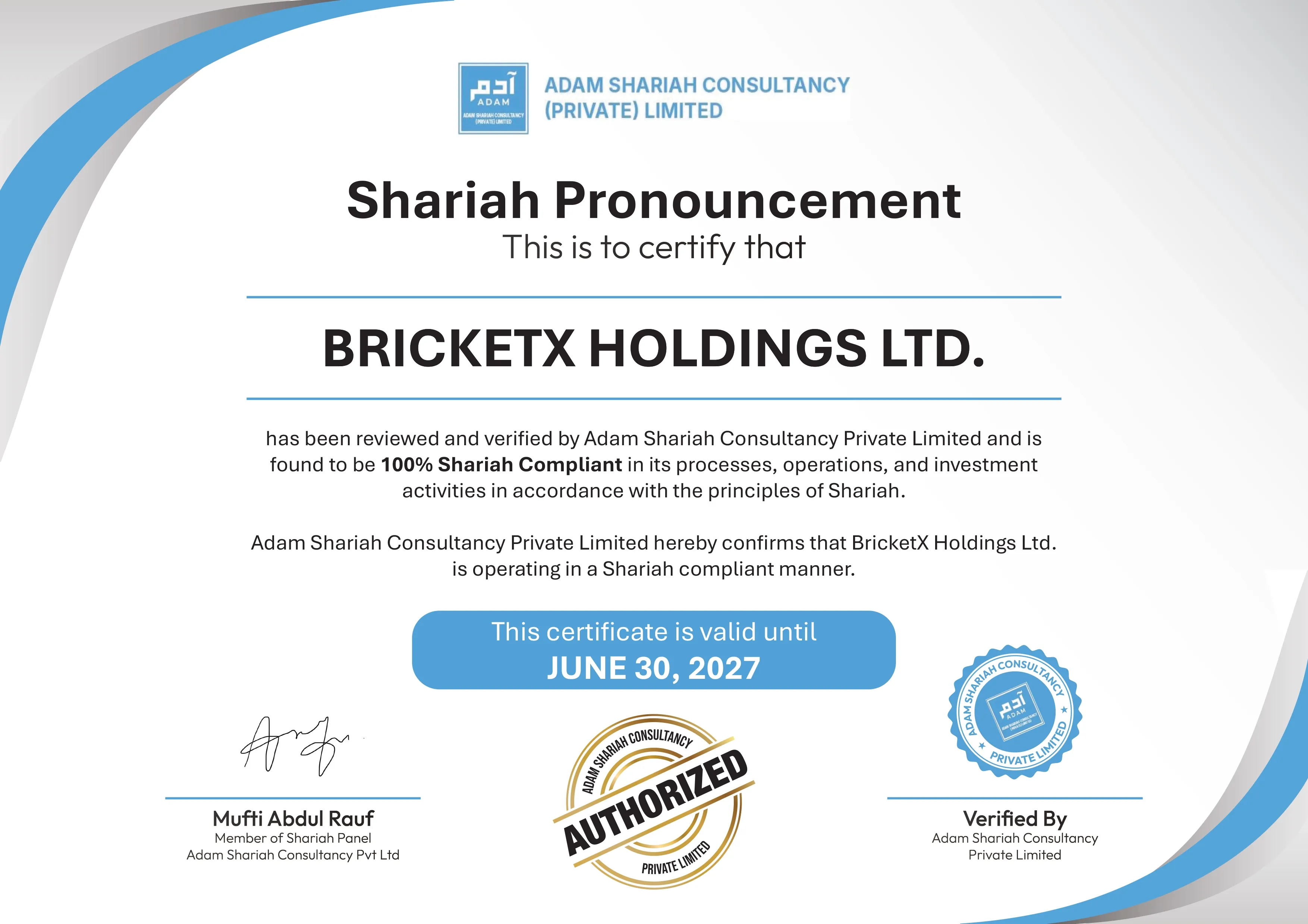 Shariah Pronouncement certificate issued to BricketX Holdings Ltd. by Adam Shariah Consultancy, valid until June 30, 2027